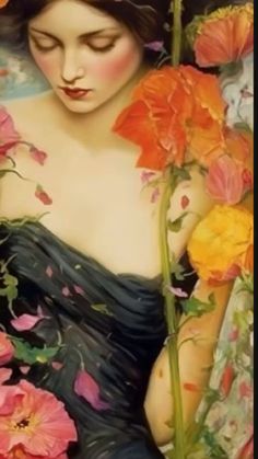 a painting of a woman with flowers in her hair