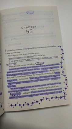 an open book with some writing on it's page and the number 55 in blue ink