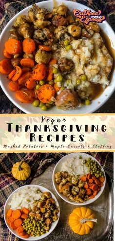 thanksgiving dinner with mashed potatoes, peas and carrots in a white bowl on a silver platter