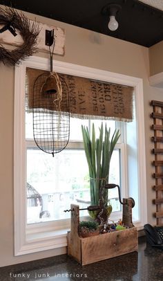 a kitchen window sill with a birdcage hanging over it