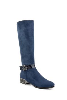 PRICES MAY VARY. Heel: 1.5" stacked Platform: 0.3" Shaft Height: 16.5" Circumference: 16" Product Features: Beehive patterned buckle straps Faux Suede Boots, Navy Style, Patterns Fashion, Foot Bed, Low Block Heels, Navy Fashion, Tall Boots, Bee Hive, Geometric Patterns