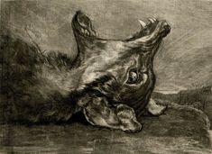 a black and white drawing of a dog laying on it's back with its mouth open