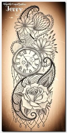 an artistic tattoo design with roses and clocks