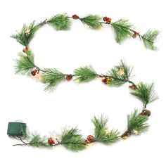 a christmas garland with pine cones, holly berries and other holiday decorations on white background