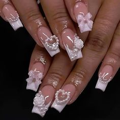 Cute white heart coquette pearl nœud rose pink party summer holiday school university Fake Nails White, 2023 Nails, Acrylic Pink, Nails 3d, Nagel Tips, Aesthetic Nails, Manicure Tips, Wedding Nail, Coffin Press On Nails