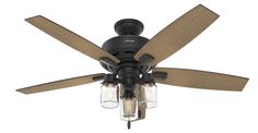 a ceiling fan with three lights on it