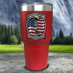 a red tumbler cup with an american flag and the words, us army on it