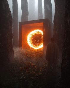 a man standing in front of a fire pit surrounded by trees and fog with a glowing circle