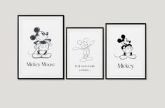 three framed mickey mouse posters hanging on the wall next to each other in black and white