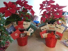 two red buckets filled with christmas cards and poinsettia plants sitting on a counter