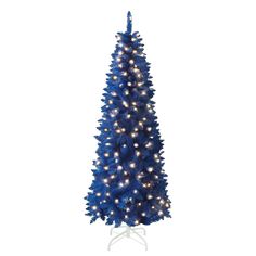 a blue christmas tree with white lights on it's sides and an upside down top