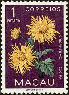 a postage stamp with yellow flowers on the front and purple back, which reads correios