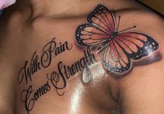 a man's chest with a butterfly on it and the words, which are written in