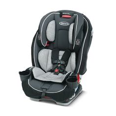 the child's car seat is in grey and black