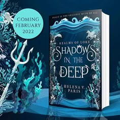 the book cover for shadows in the deep is surrounded by underwater plants and corals