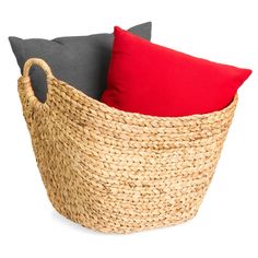 three woven baskets with red and grey pillows