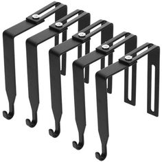 five black metal hooks are shown on a white background and one is holding the door handle