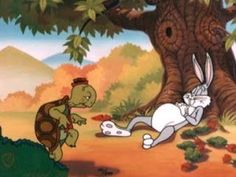 bugs and tortoise running in front of a tree with an easter bunny on the ground