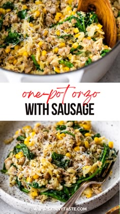 one pot orzo with sausage and spinach in a skillet on the side