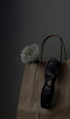 a pair of sunglasses sitting on top of a brown paper bag next to a flower