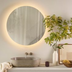 a bathroom sink with a round mirror above it and a potted plant next to it