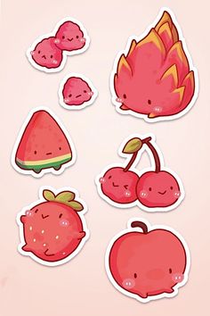 stickers with different types of fruits and vegetables on the top one is red, the other is pink