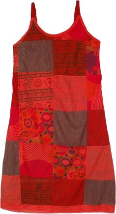 A mixed patchwork cotton short-dress in an exotic red for your hippie wardrobe.  Beautiful ethnic and colorful red toned patches are handpicked and then placed together in a way that brings out the best of each individual patch and makes it a stylish fashion clothing. #tlb #Sleeveless #Patchwork #JuniorPetite #vacationclothing #Floral #Printed #patchworkdress #hippiedress #kneelengthreddress Red Bohemian Patchwork Dress, Bohemian Red Patchwork Dress, Red Cotton Patchwork Dress, Closet Revamp, Cotton Dungaree, Cotton Short Dresses, Sleeveless Cotton Dress, Bohemian Dresses, Bohemian Style Dresses