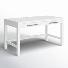 a white desk with two drawers on the top and one drawer at the bottom, against a white background