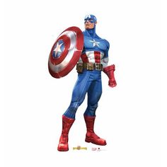 the captain is standing with his arms out and hands on his hips, holding a shield