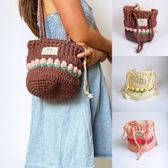 crocheted purses are shown in four different styles and colors, including brown, white, pink, blue