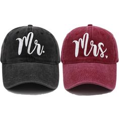 two hats with the words mr and mrs on them