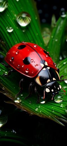 a ladybug sitting on top of a green leaf covered in raindrops