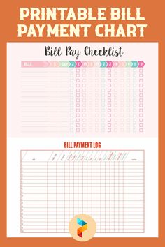 the printable bill payment chart for bill pay checklist is shown on an orange background