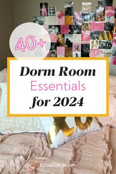 dorm room essentials for the new year, including bedding and pillows with text overlay