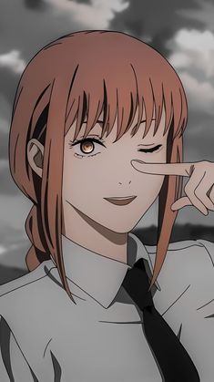 an anime character with long hair and brown eyes pointing to the side while wearing a tie