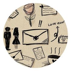 a clock with some drawings on it that says love letters and people are in the background