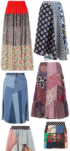 four different styles of skirts in various colors and patterns, with the same pattern on them