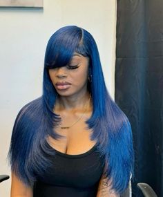 Midnight Blue Hair On Black Women, Blue Quick Weave, Navy Blue Wig, Blue Hair Black Women, Blue Wigs For Black Women, Blue Wigs