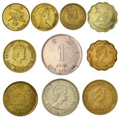 an assortment of different types of gold and silver coins, all with the same design