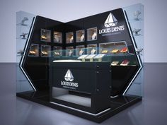 a display case with shoes in it for lounder's on the inside and outside