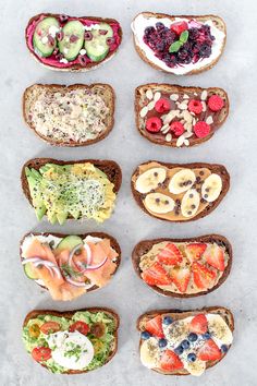 several slices of bread with different types of food on them, all arranged in the shape of hearts