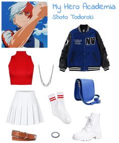 Get ready to unleash your inner hero with this Shoto Todoroki-inspired look! Featuring a mix of fire and ice colors, this outfit is perfect for any occasion. The streetwear jacket adds an edgy touch, while the cute and comfortable ensemble is perfect for a day out. Channel your inner hero with this anime-inspired look! Todoroki Inspired Outfit, Todoroki Outfit, Todoroki Makeup, Mha Outfit Ideas, Mha Inspired Outfits, Anime Outfits Inspired, My Hero Academia Clothes, Mha Outfits