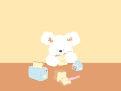 a white teddy bear sitting on top of a table next to toaster and butter