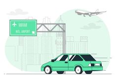 a green car is parked in front of an airport sign that says mam, not airport