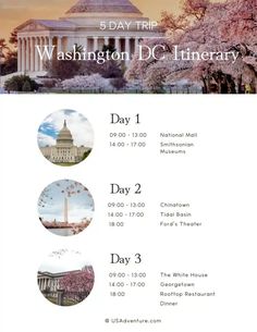 the washington dc itinerary is shown with four different things to see and do