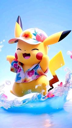 the pikachu is riding on top of water