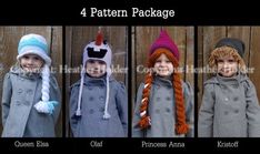 Elsa, Anna, Olaf & Kristoff (Frozen) Crocheted Hat Pattern - 4 Patterns - Instant Download Frozen Crochet Hat, Crochet Olaf, Kristoff Frozen, Frozen Diy, Mermaid Tail Pattern, Hats Ideas, Elsa Anna Olaf, Crocheted Things, Princess Hat