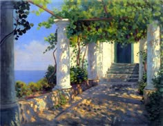 a painting of an outdoor area with columns and vines on the wall, overlooking the ocean