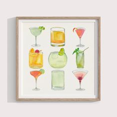 a watercolor painting of different types of cocktails on a white background with wooden frame