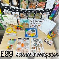 a table with pictures and magnets on it in front of a bulletin board that says e99 science investigatestation